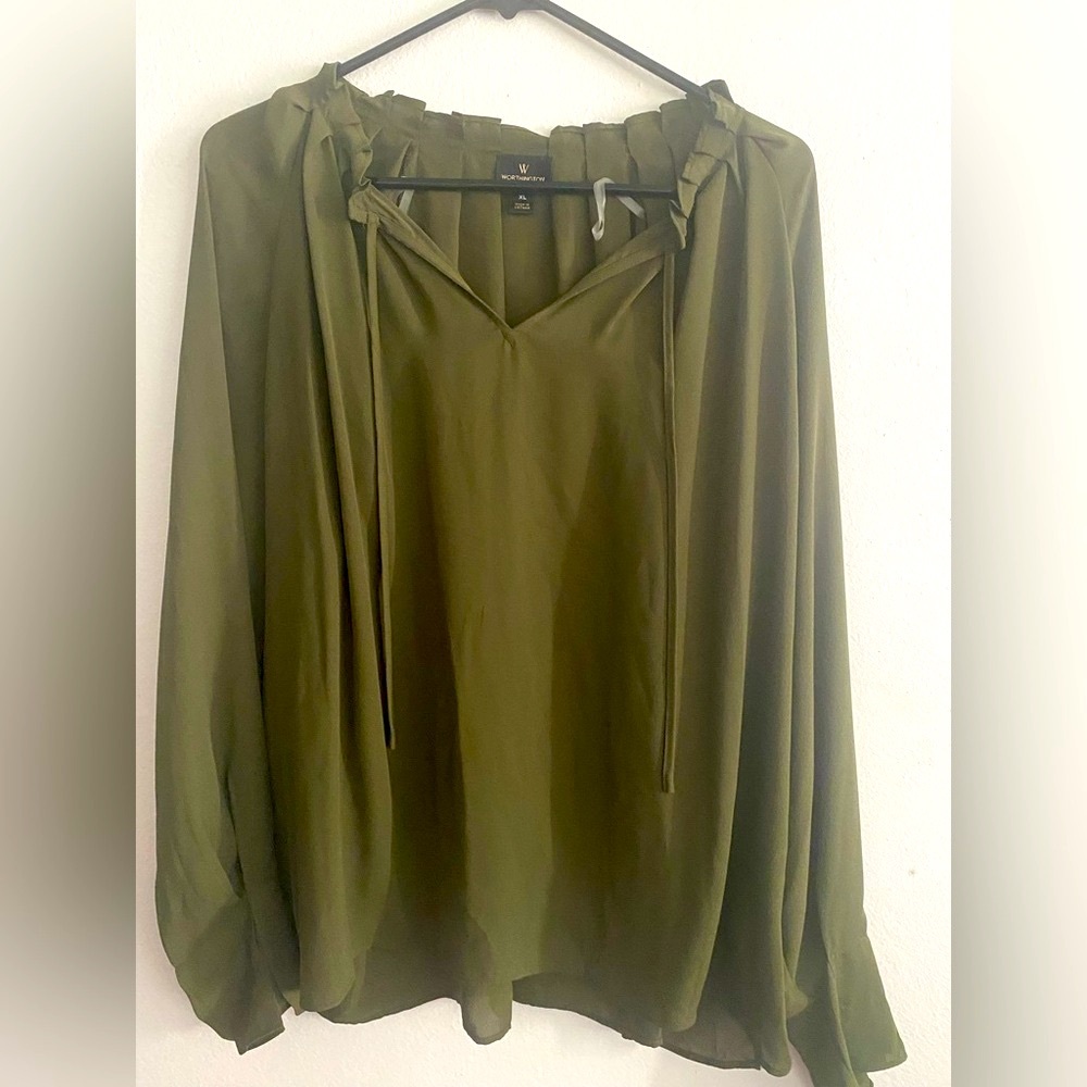 Worthington Olive Green Tie-Neck V-Neck Blouse
